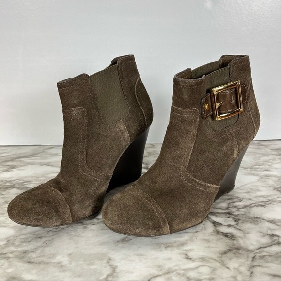 Tory Burch Adrienne Wedge Ankle Booties- Taupe Suede- Size 6 - Picture 1 of 6